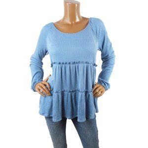 LAUREN CONRAD Top L New Blue Baby Doll Shirt Soft Knit Bohemian Blouse Stretch